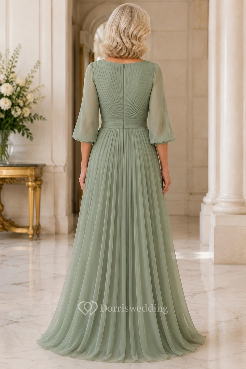 Salbeigrünes, plissiertes Chiffon-Mutterkleid mit 3/4-Glockenärmeln view 2