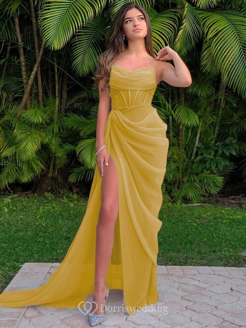 Spaghetti Ruched Sexy Front Split Sheath Side-ruched Prom Dress view 20