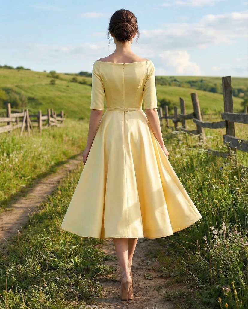 Satin Tea-Length Off-the-Shoulder Party Dress view 2