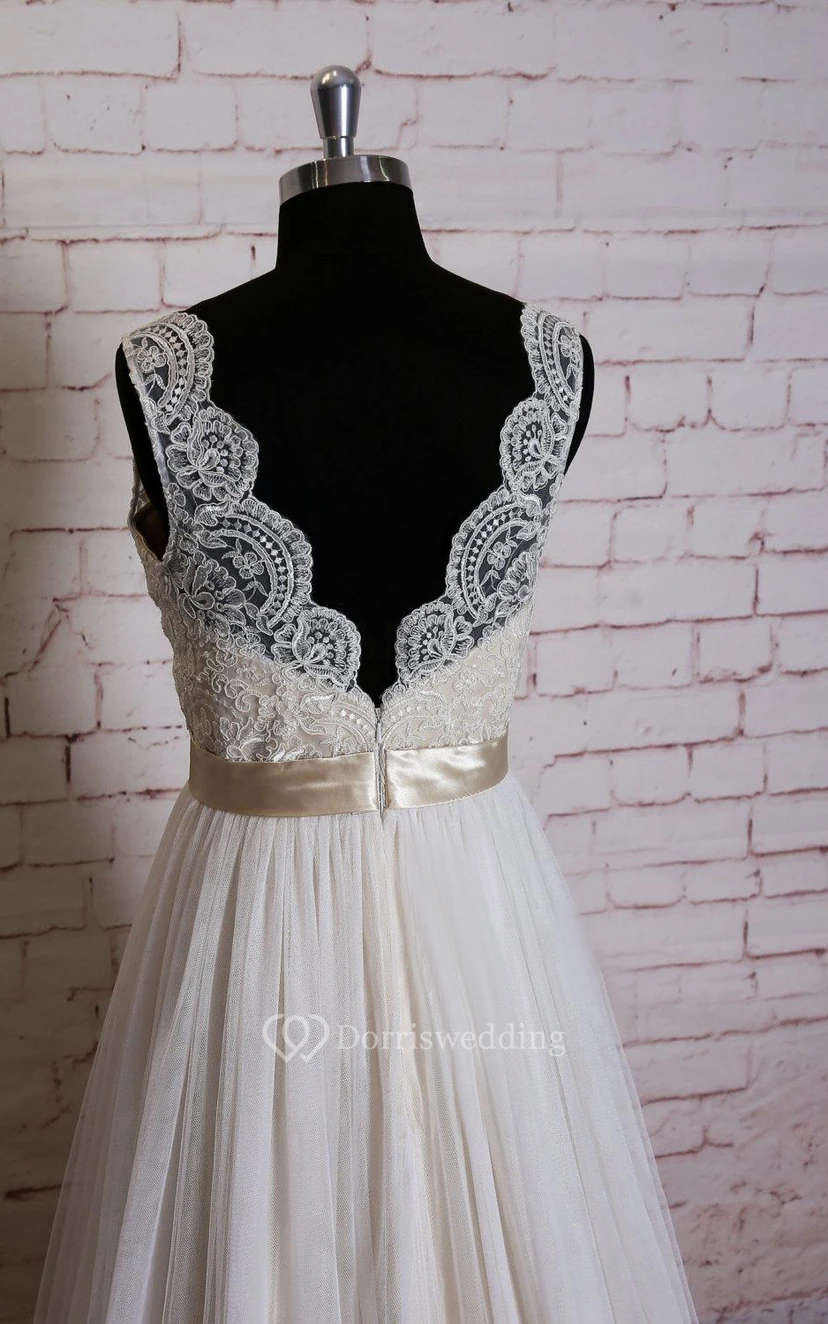 Sleeveless Queen Anne Neck A-Line Tulle Vow Renewal Dress With Satin Sash view 3