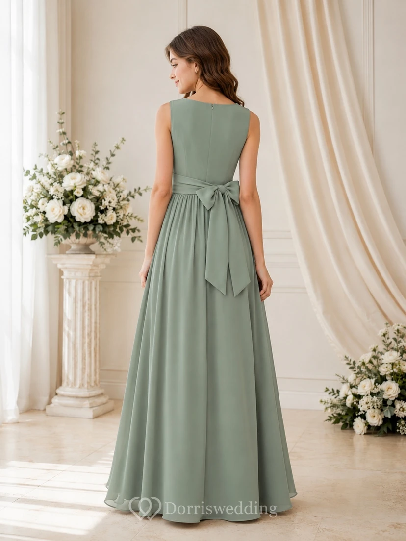 Vestido de dama de honor juvenil color celadón, corte en A, sin mangas, de gasa, con lazo en la cintura, estilo romántico. view 2
