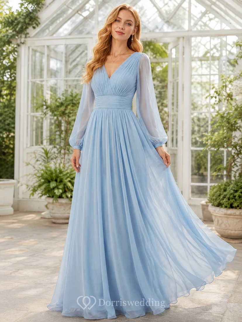 Elegant Sky Blue V-neck Long Sleeve Floor-length Chiffon Garden Dress