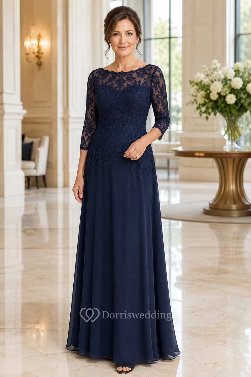 MOB Dress Dark Navy Chiffon Lace A-Line 3/4 Sleeve Bateau Neck Floor Length