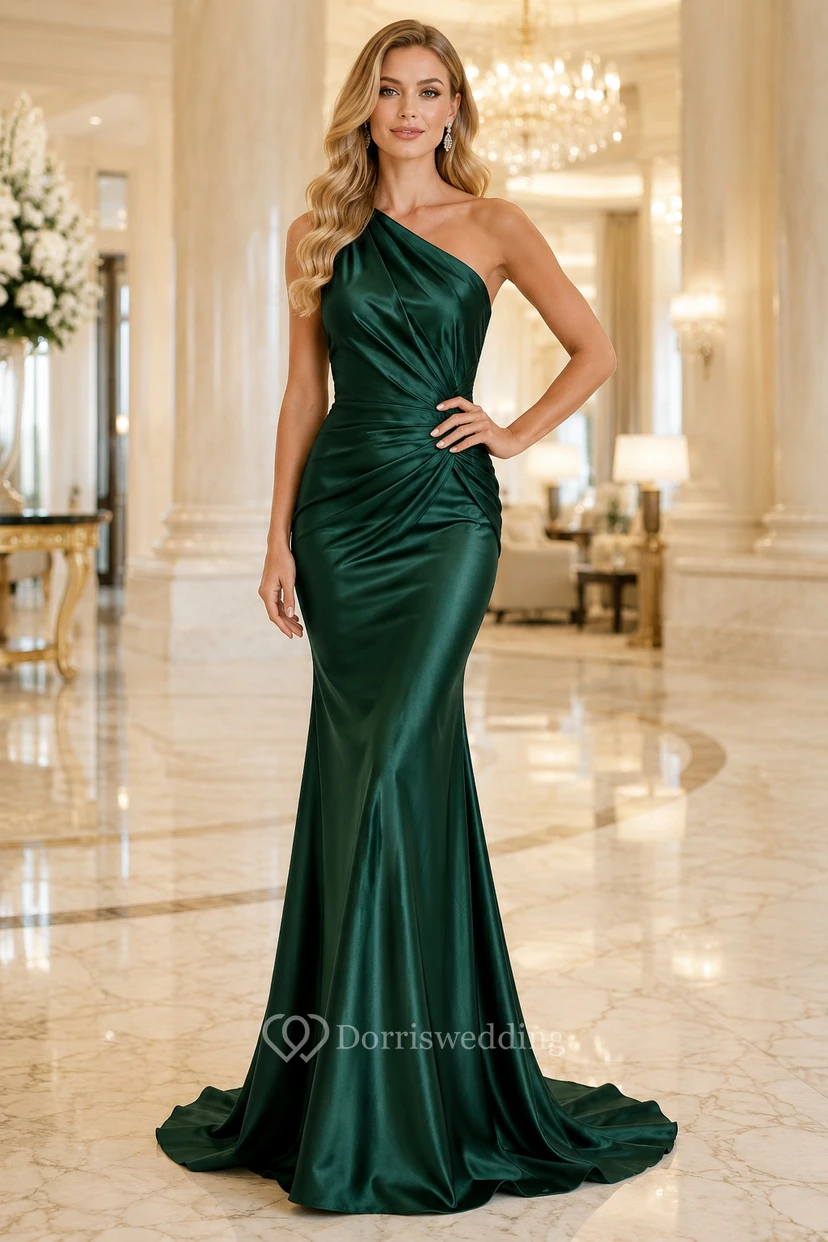 Emerald One-Shoulder Satin Mermaid Evening Dress