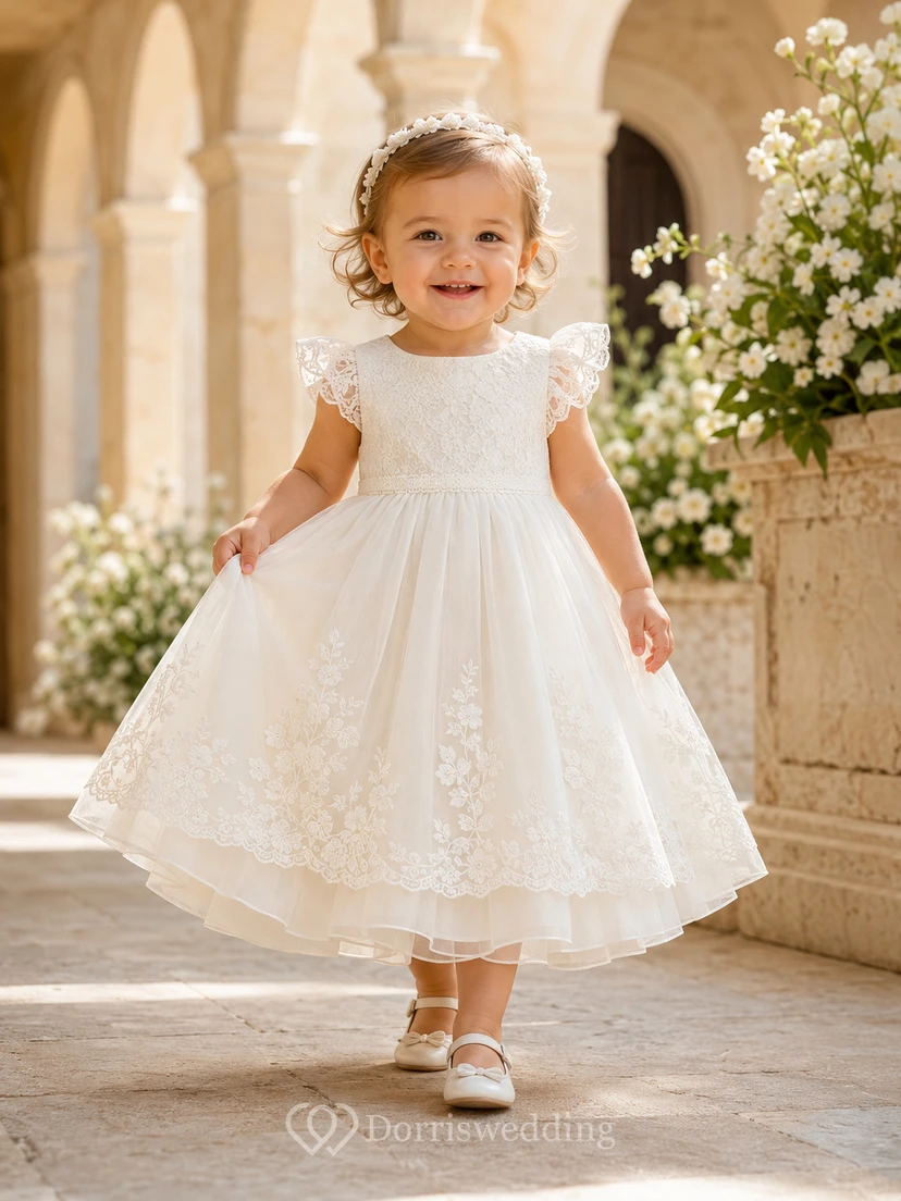 Baby Baptism Christening Ceremony Dress A-Line Tea-Length Jewel Neck Short Sleeve Tulle Lace Button Back