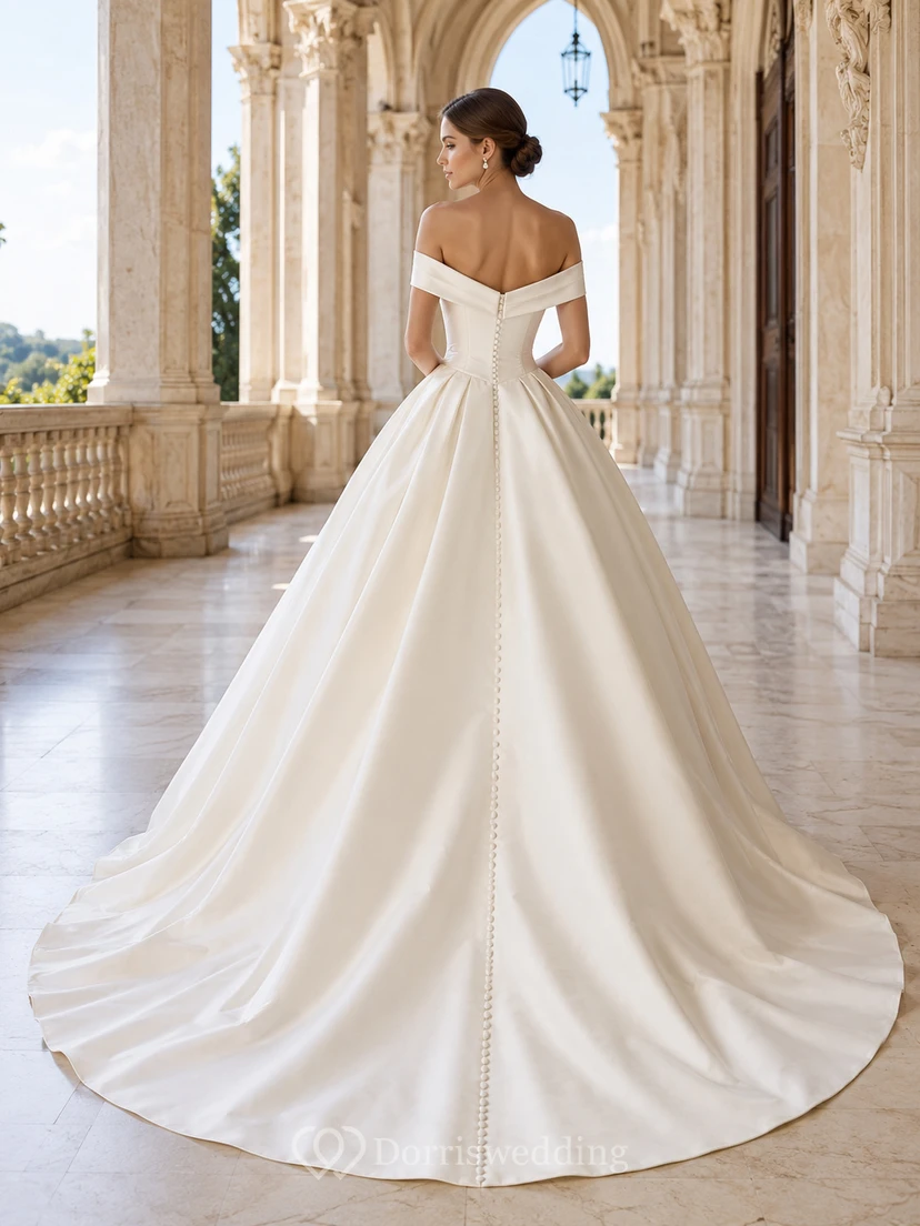 Classic Satin Off Shoulder Ball Gown Chapel Train Full Skirt Wedding Dress view 2