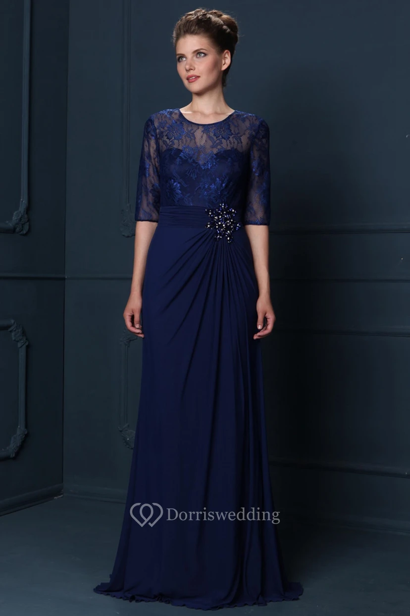 Chiffonkleid für die Mutter der Braut mit Rundhalsausschnitt und drapierten halben Ärmeln