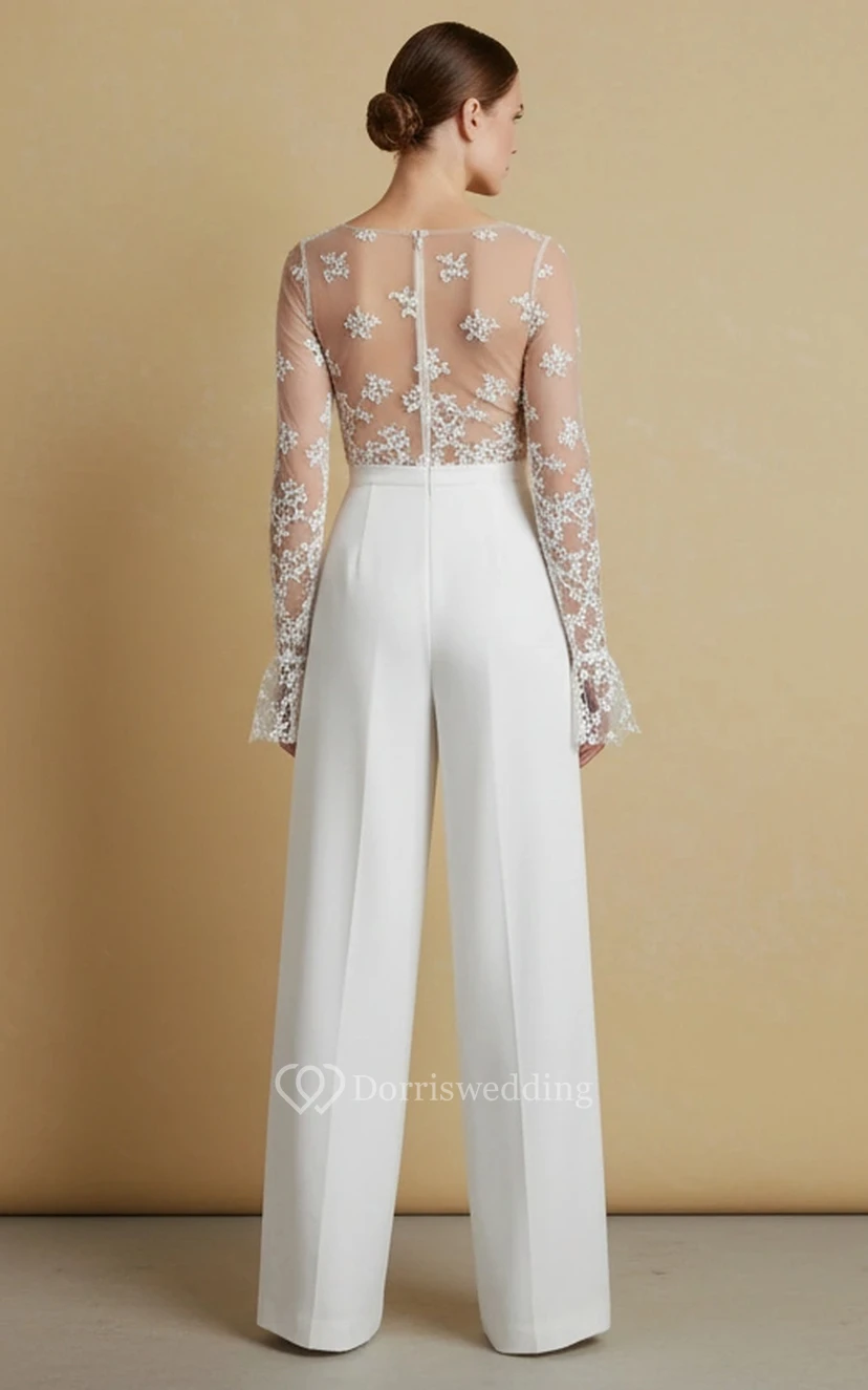 Top transparente de manga larga con escote en V y bordado, mono de boda de talle alto view 2