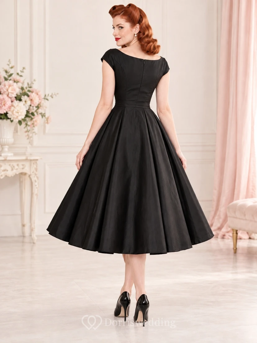 1950s Tea-length Black Modest Bateau Cap Sleeve Pleated Swing Dress view 2