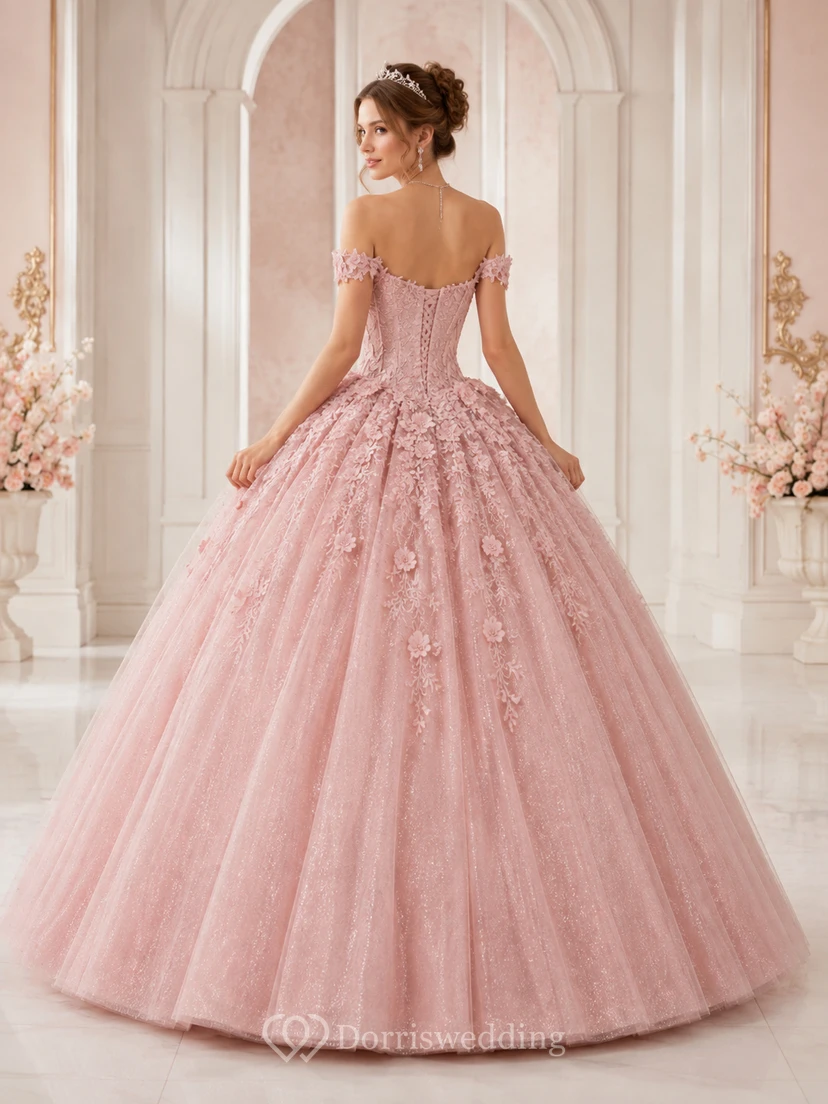Lujoso vestido de fiesta largo hasta el suelo de encaje y tul con estampado floral rosa perla y escote corazón, ideal para quinceañeras. view 2