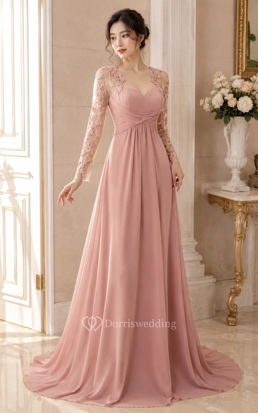 Robe de bal en mousseline vert foncé à manches longues et décolleté en cœur illusion view 6