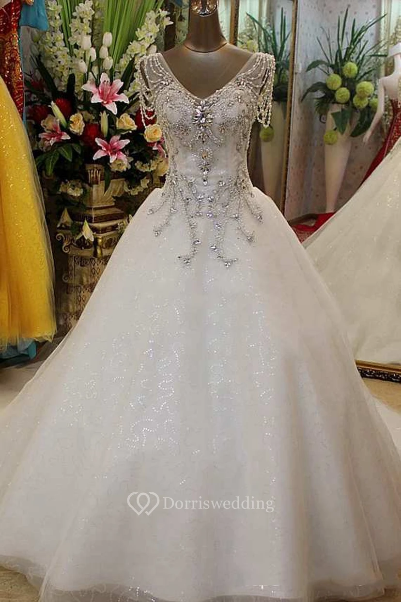 Beaded Short Sleeve Tulle Ball Gown With V Neck