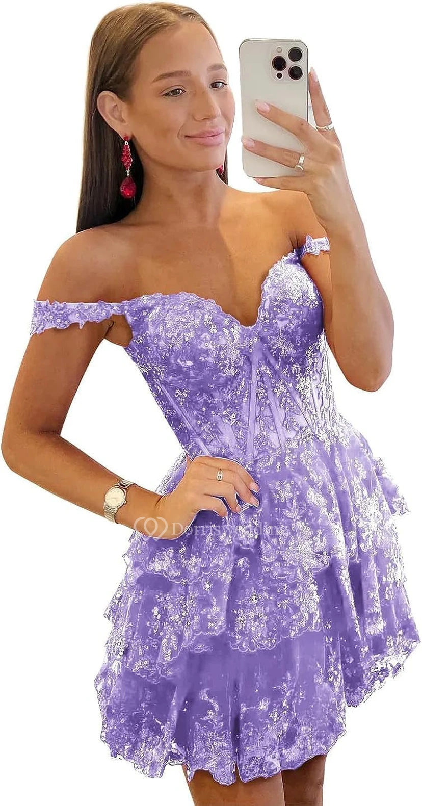 Blue Off-the-Shoulder Short Dress with Lace view 24