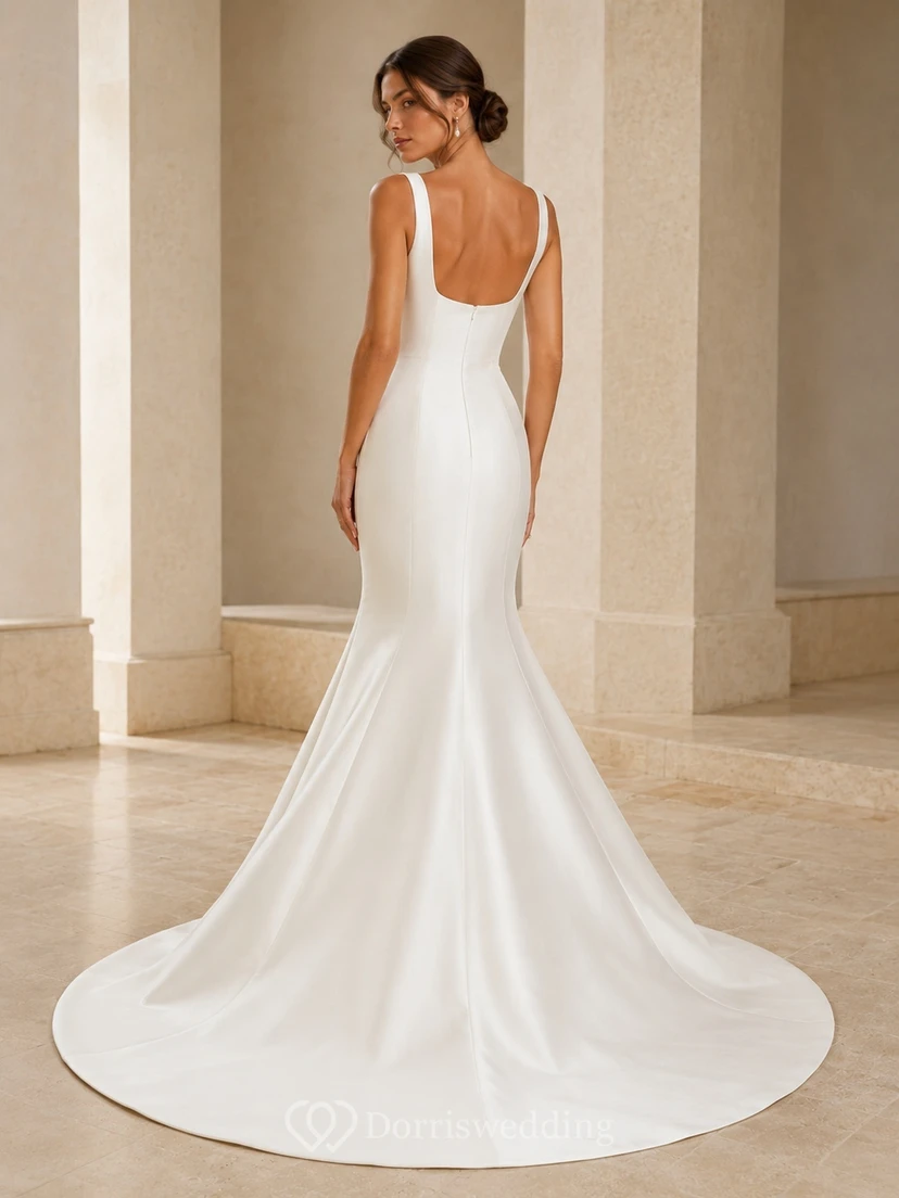 Simple Square Neck Wide Strap Satin Mermaid Court Train Trouwjurken Wedding Dress view 2