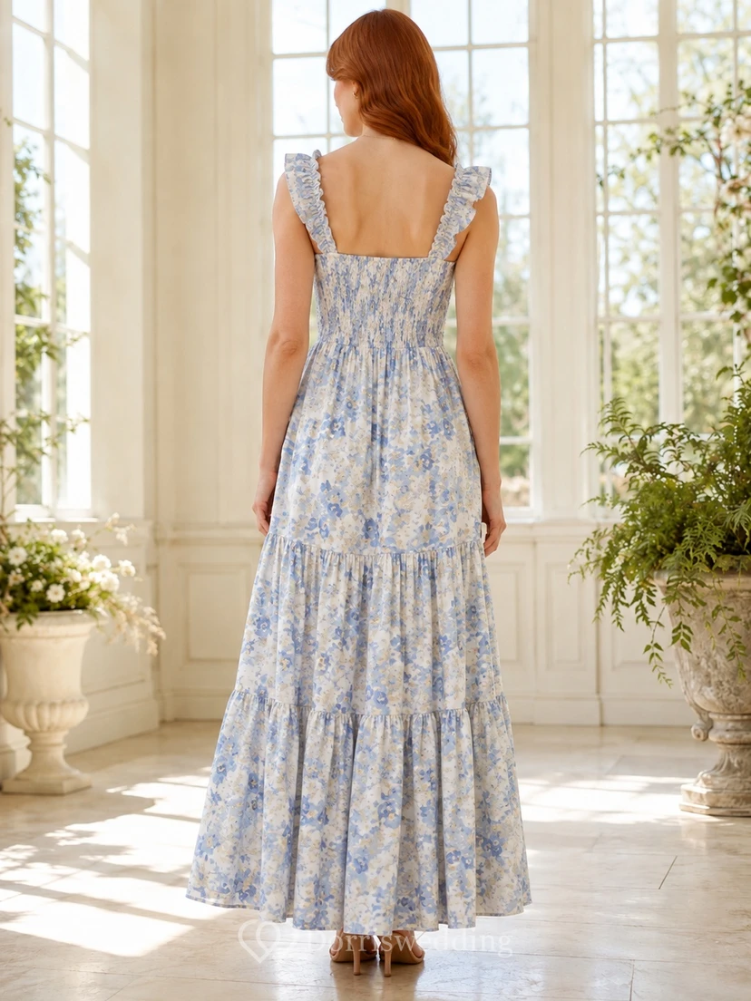 Blaues, geblümtes, gerüschtes A-Linien-Kleid mit Stufenrock und knöchellangem Rock für Gartengäste view 2