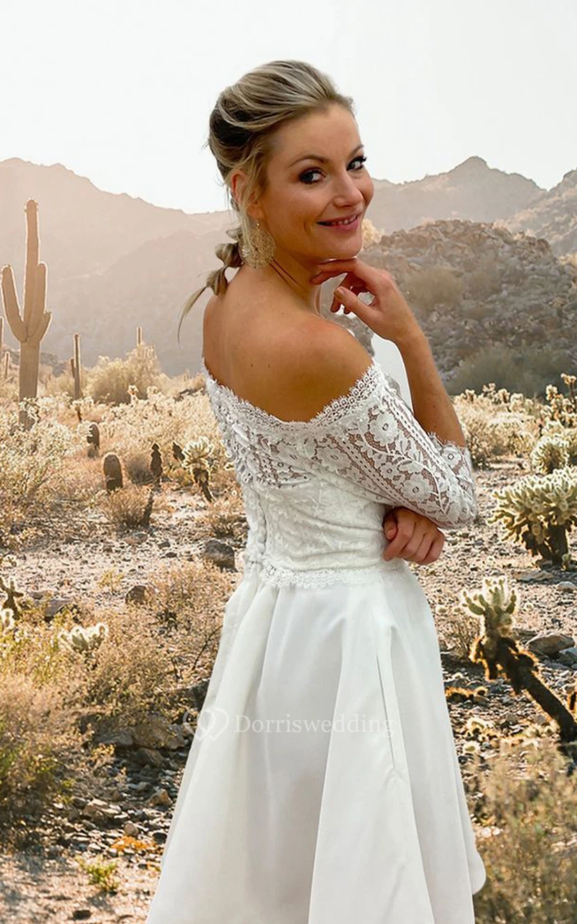 Casual A Line Lace 3/4 Length Sleeve Illusion Wedding Dress with Ruching view 2