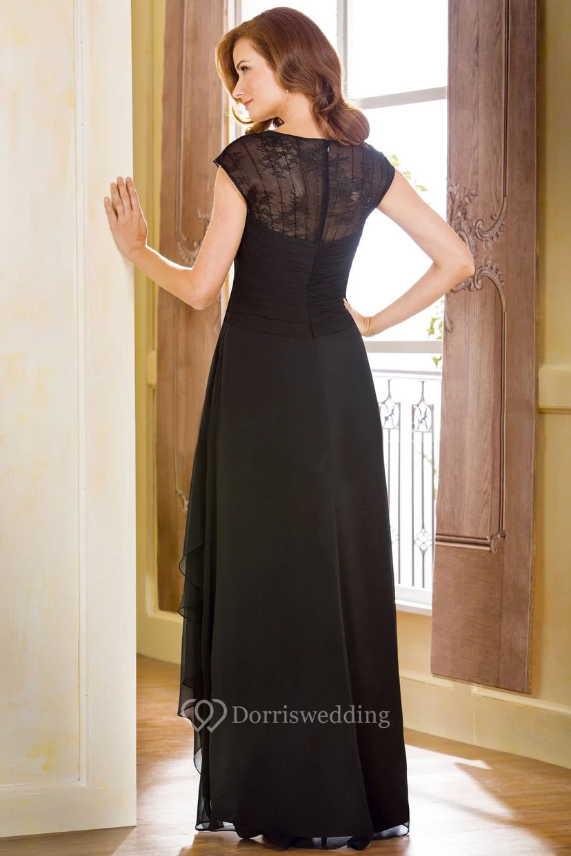 Cap-Sleeved A-Line Mother Of The Bride Dress With Ruffles And Illusion Back view 2
