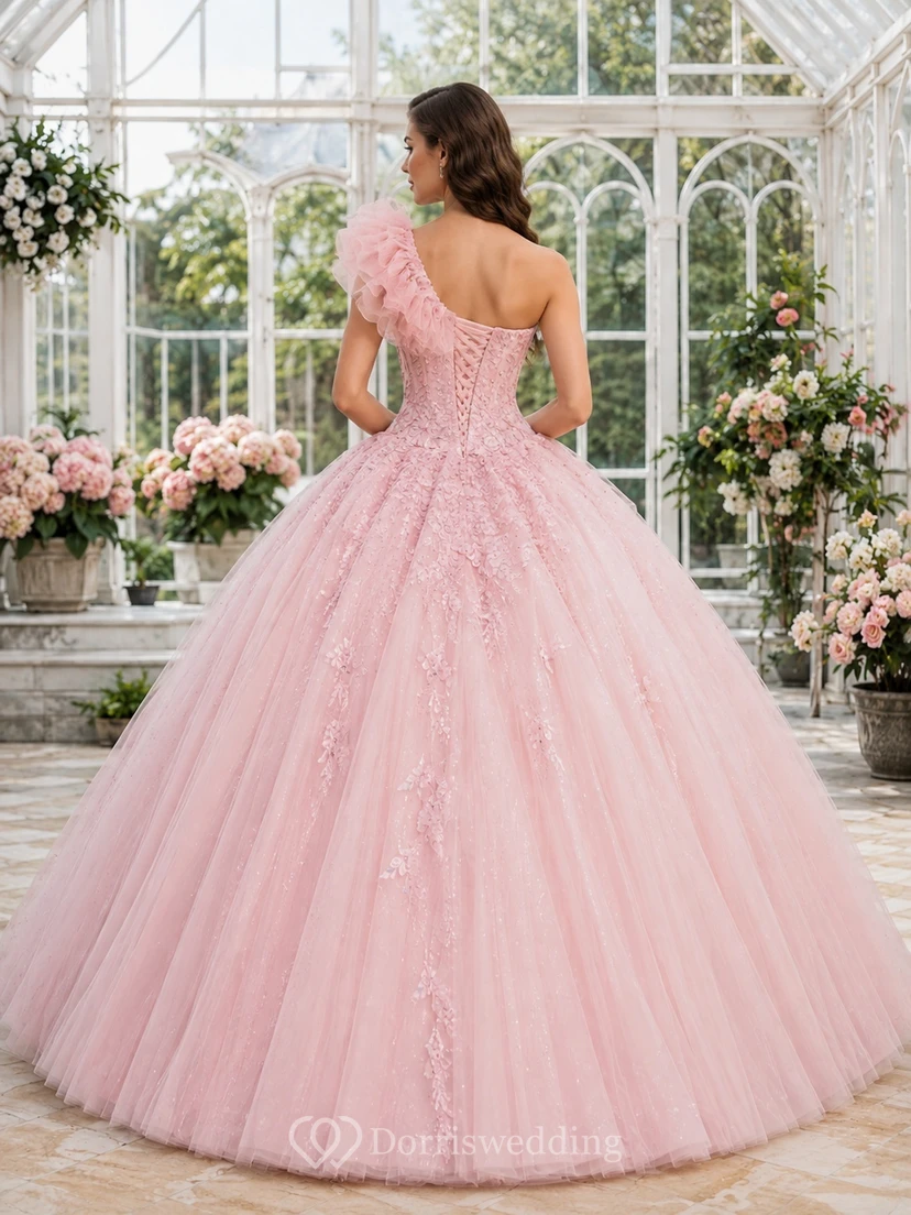 Zartrosa, schulterfreies Ballkleid mit Puffärmeln aus Tüll und Blumenmuster für Quinceañeras view 2