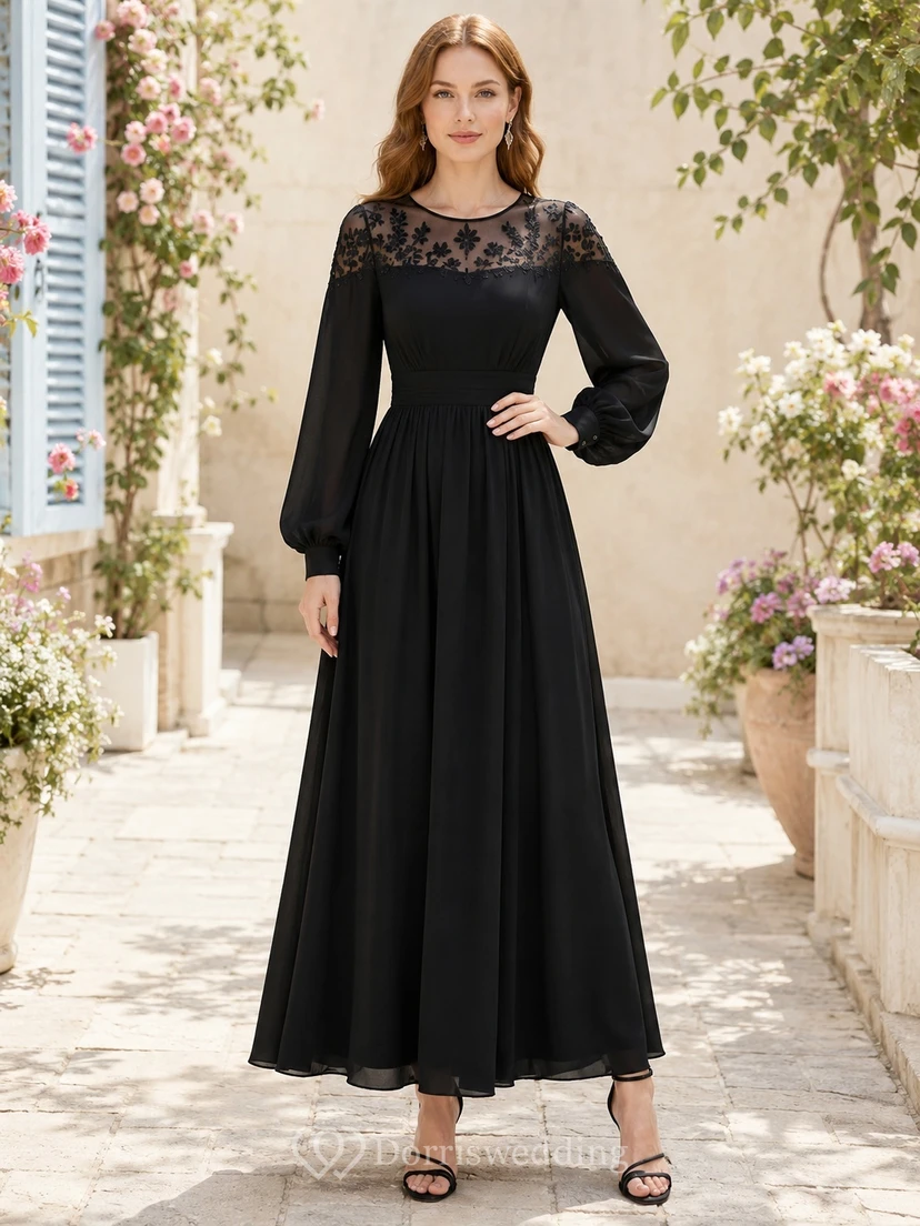 Black Lace Yoke Jewel-Neck A-Line Floor-Length Long-Sleeve Elegant Evening Gown