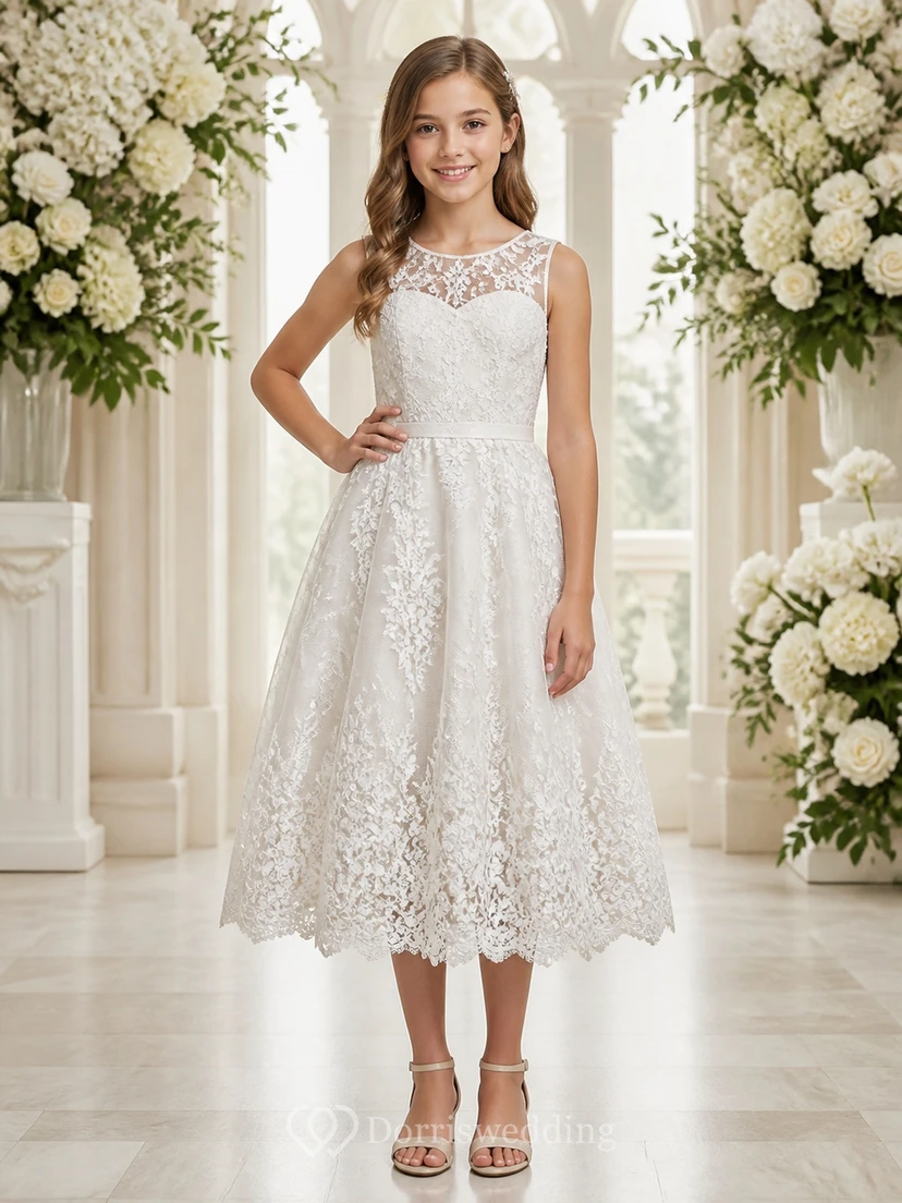 Romantic Flower Girl Tea-length A-Line Bateau Sleeveless Lace Dress