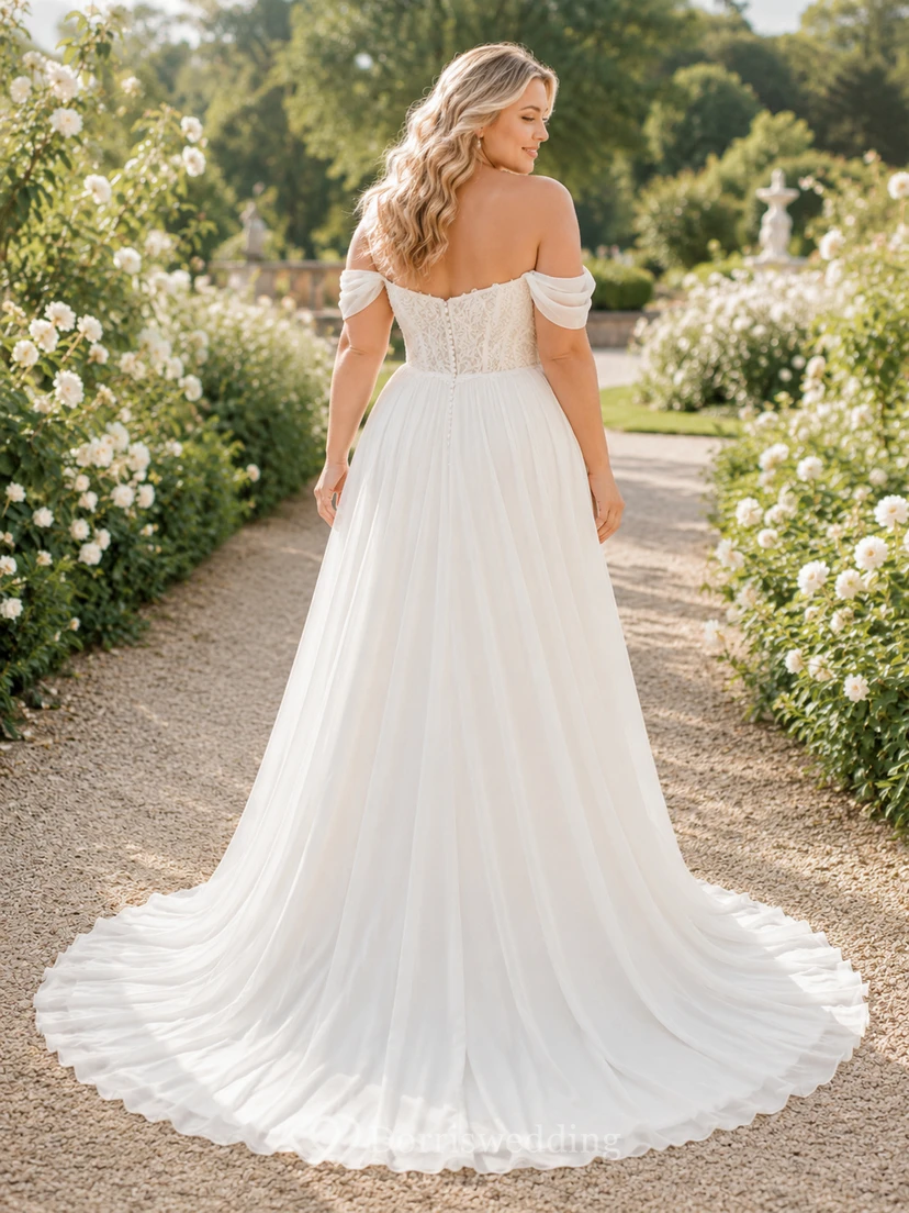 Chiffon-Hochzeitskleid, A-Linie, V-Ausschnitt, ärmellos, Kapellenschleppe, tiefer V-Ausschnitt am Rücken view 2