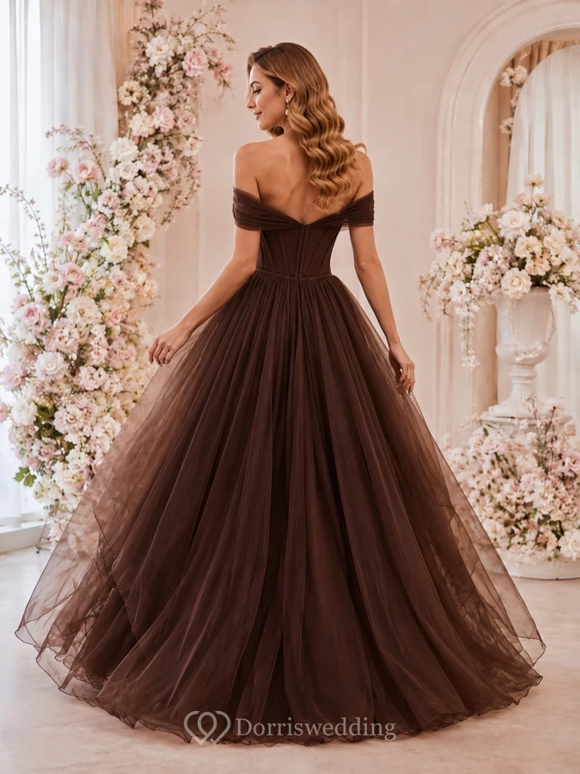 Brown Romantic Luxury Sweetheart Short-Sleeve Tulle Tiered Ball-Gown Floor-Length Formal Dress view 2