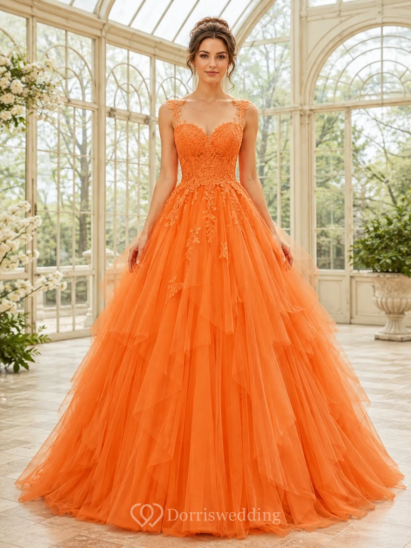 Luxury Orange Floral Applique Strapless Tulle Ball Gown Floor-Length Prom Dress