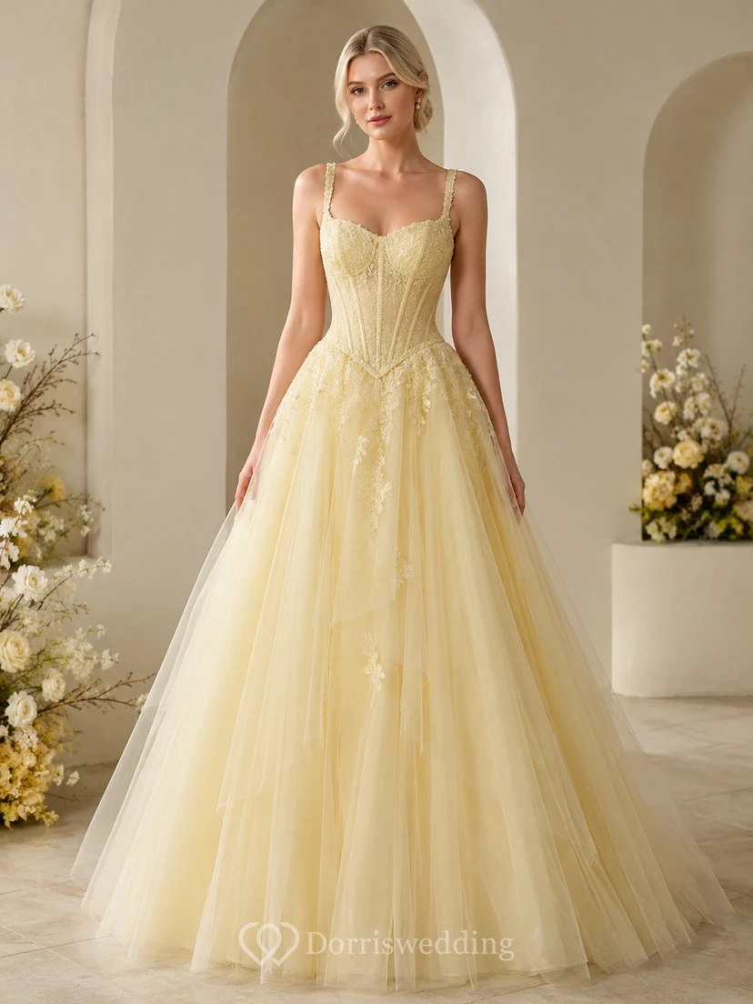 Vestido de novia largo hasta el suelo, de tul, corte A, escote cuadrado y color amarillo pálido