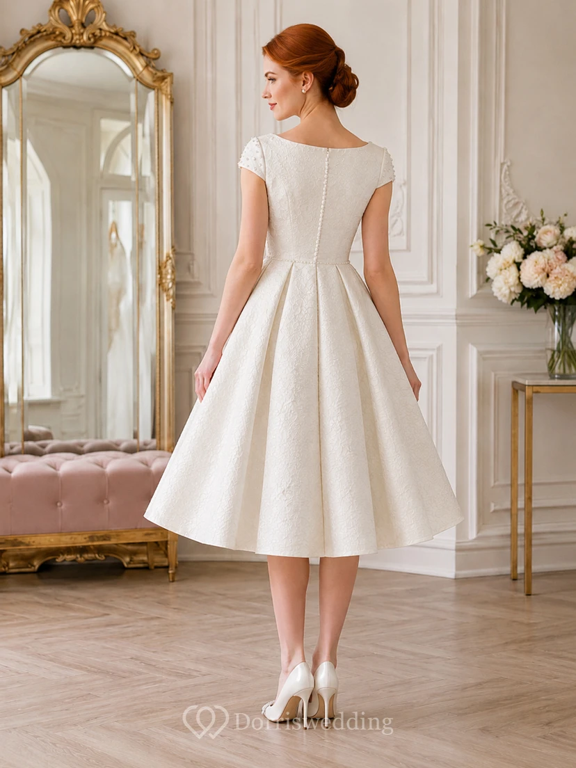 Vestido de novia modesto de satén jacquard de manga corta y cuello alto, estilo vintage, largo hasta la rodilla view 2