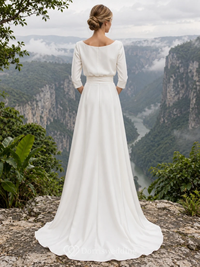 Simple Bateau Neck Three Quarter Sleeve Cotton Sateen Wedding Dress with Blouson Sheath Skirt view 2