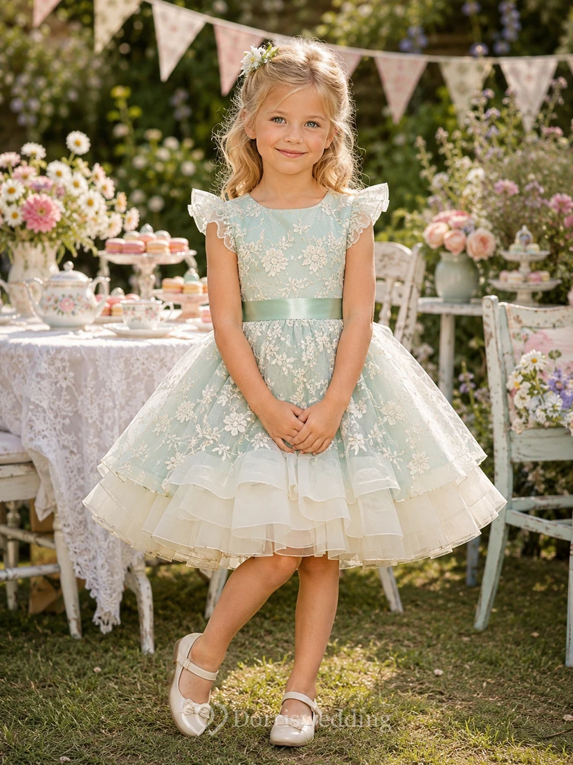Mint Flower Girl Dress Vintage Knee-Length Ball Gown Floral Lace Tiered Organza Bow