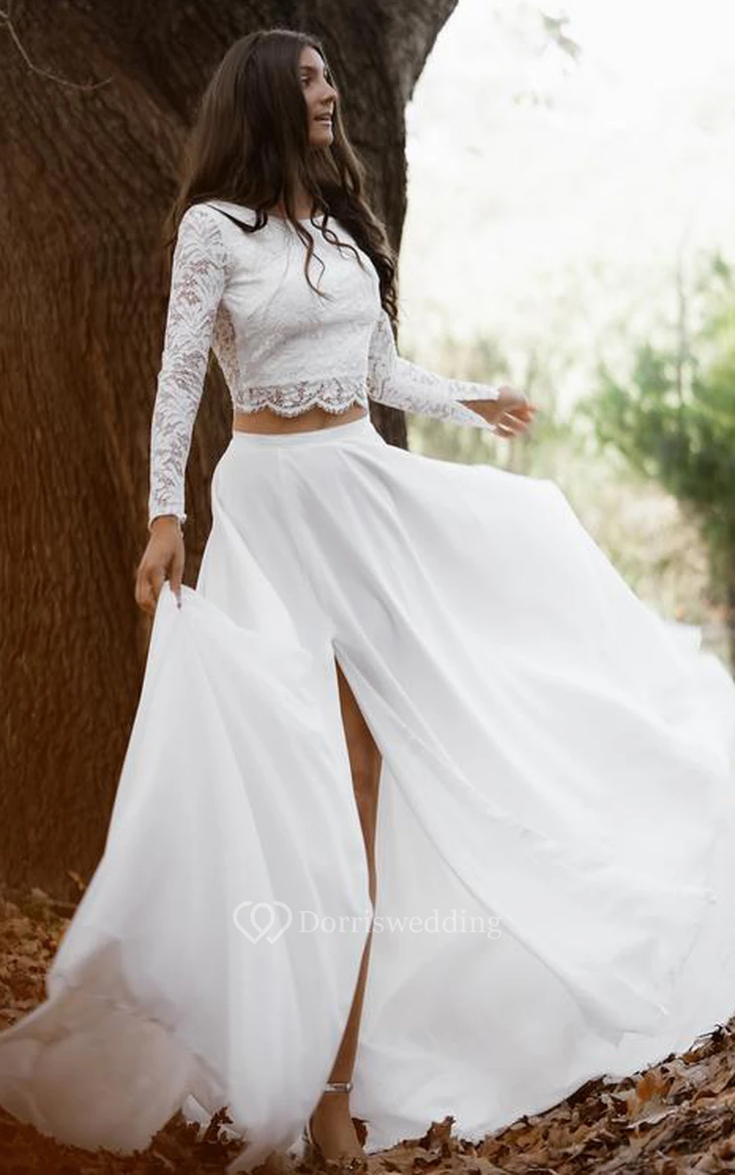 Zweiteiliges Brautkleid im Boho-Stil aus Chiffon und Spitze mit U-Boot-Ausschnitt, langen Ärmeln, Schleppe und Schlitz vorne view 3