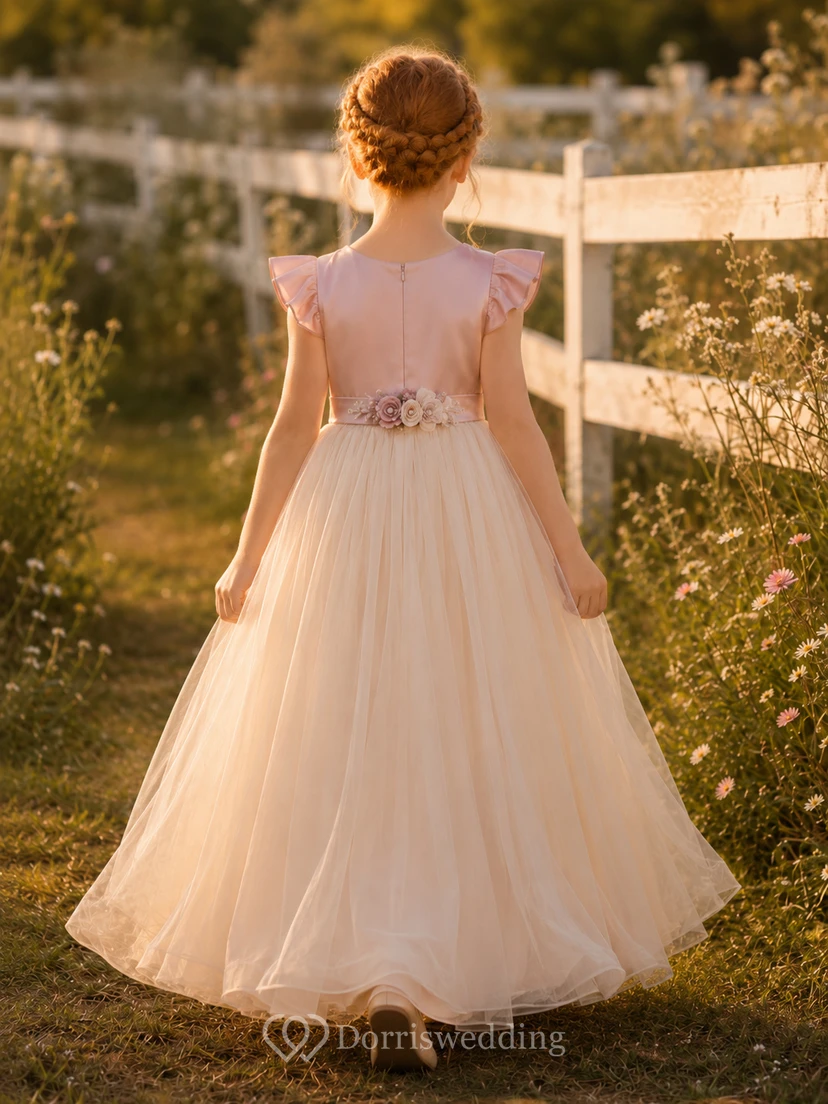 Flower Girl Dress Blush Tulle A-Line Short Sleeve Jewel Neck Floor Length view 2