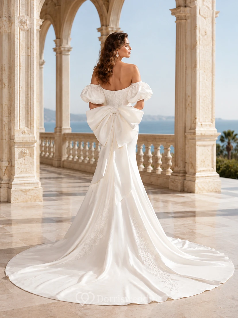 Robe de mariée sirène en satin dentelle à épaules dénudées et manches bouffantes, nœud papillon, style chapelle view 2