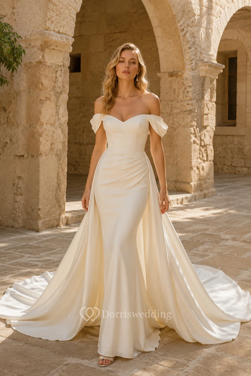 Schulterfreies Meerjungfrauen-Hochzeitskleid aus Satin mit drapierten Einsätzen