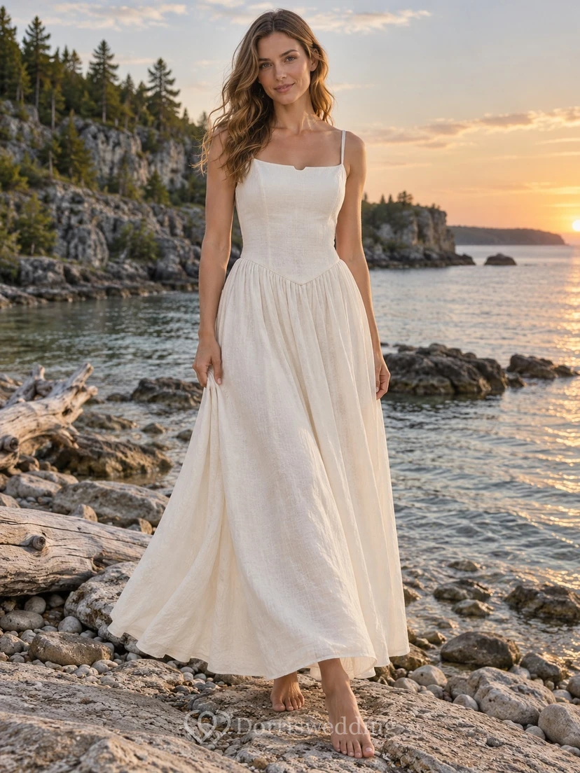 Simple Square Neck Linen Blend Wedding Dress with Fine Straps and Dropped A-Line Waist