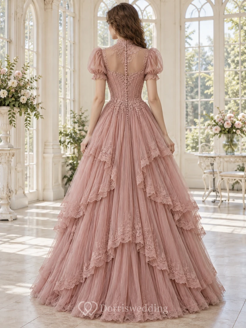Victorian Dusty Rose Puff Sleeve Lace Corset Tiered Tulle Dress view 2