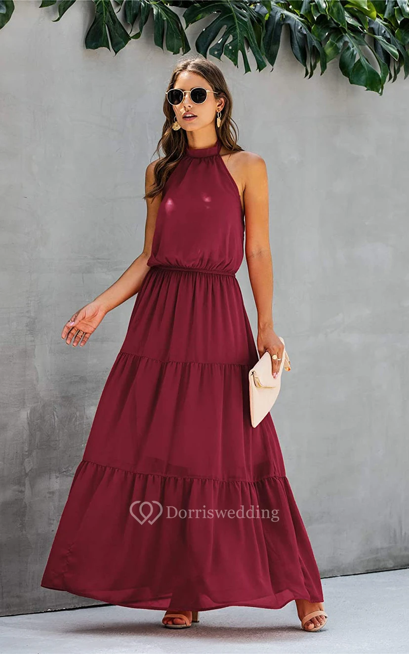 Simple Chiffon Halter A Line Sleeveless Prom Formal Dress With Ruffles view 3