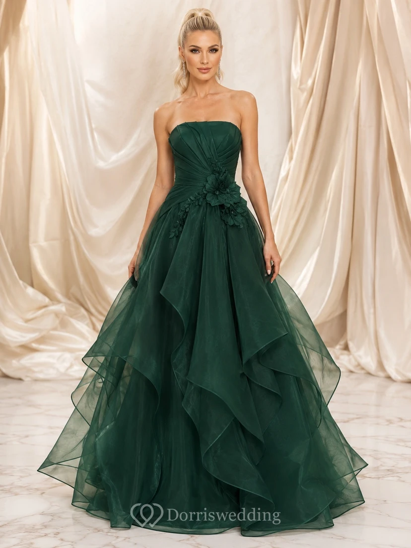 Dark Green Strapless Organza Ball Gown Floor-Length Cascading Formal Dress