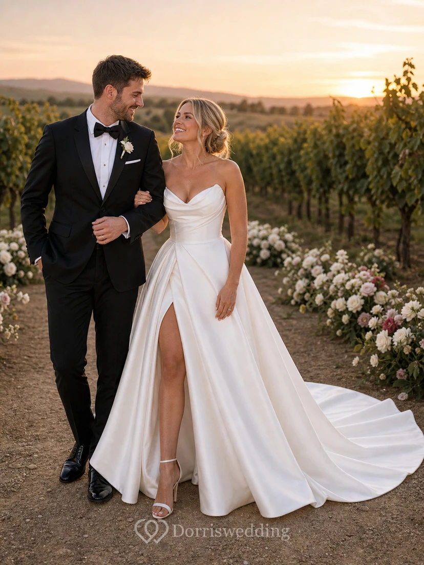 Elegantes Brautkleid aus Satin mit herzförmigem Ausschnitt, gekreuzten Trägern und Empire-Ausschnitt sowie vorderem Schlitz view 9