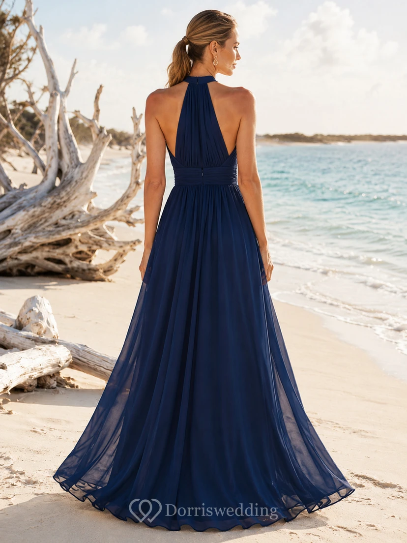Navy halter chiffon A-line beach maxi occasion dress view 2
