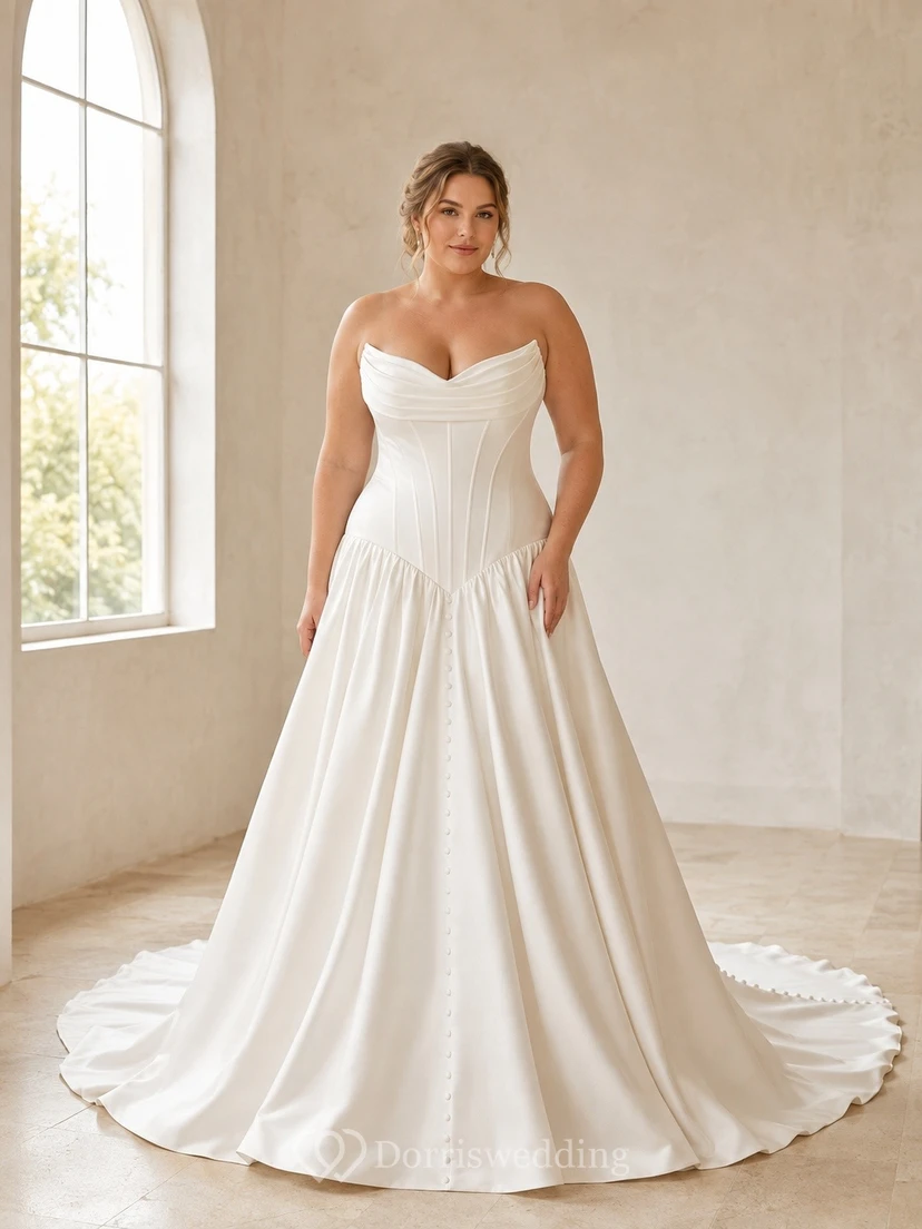 Vestido de novia sencillo y formal de talla grande con escote corazón, sin mangas y corte en A.