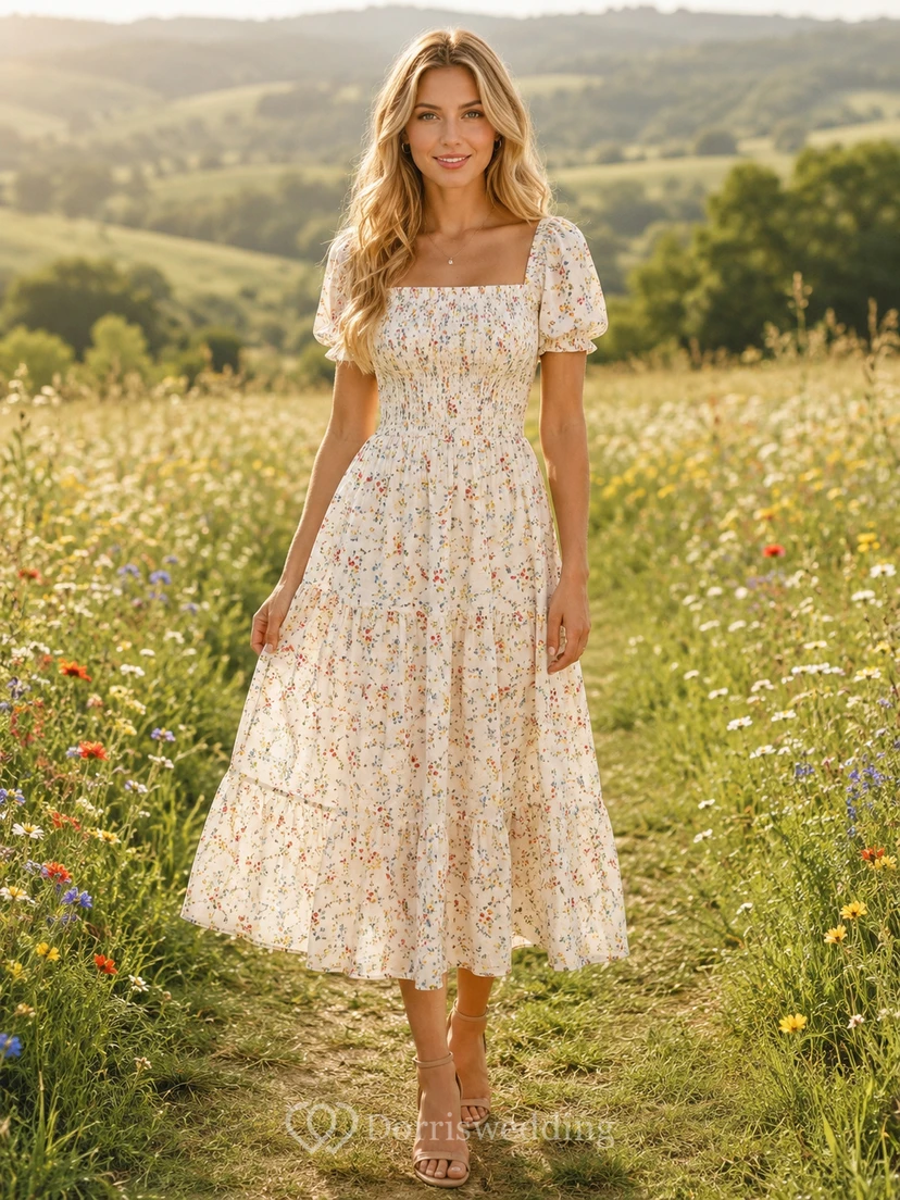 Vestido midi de manga abullonada con cuello cuadrado y estampado floral de pradera