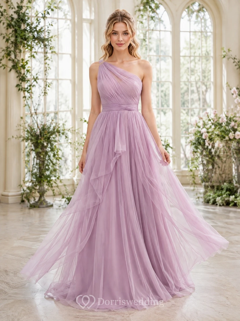 Lavender One-Shoulder Layered Tulle Ethereal Formal Ball Gown