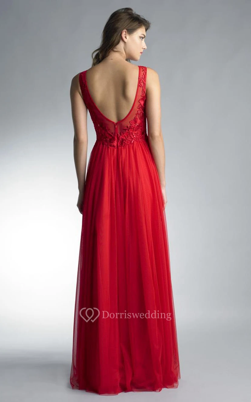 A-line Floor-length Jewel Sleeveless Tulle Low-V Back Dress view 6