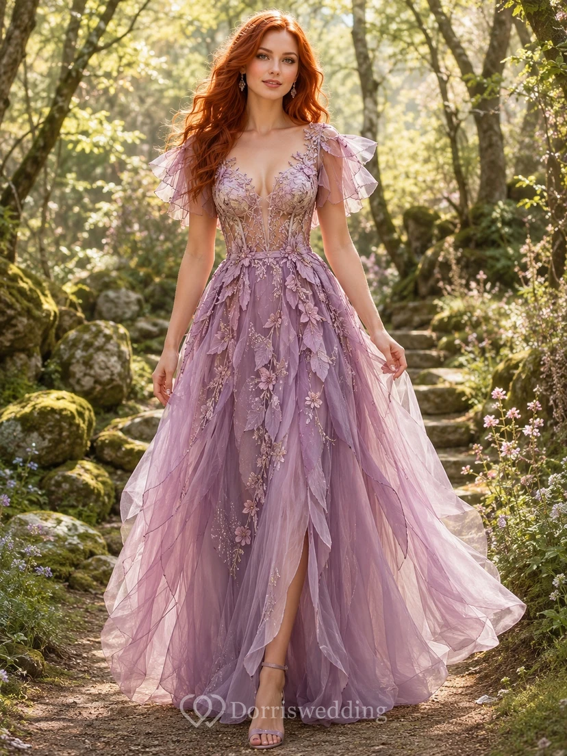 Wisteria Floral Applique V-Neck Puff Sleeve Tulle Ball Gown Floor Length Fantasy Dress
