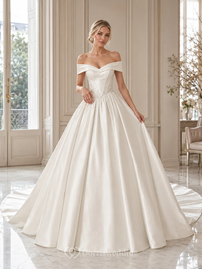 Robe de mariée de bal plissée en satin à épaules dénudées et traîne chapelle