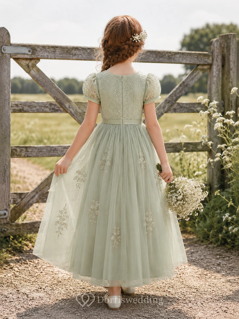 Sage Tulle Flower Girl Dress with Floral Applique view 2