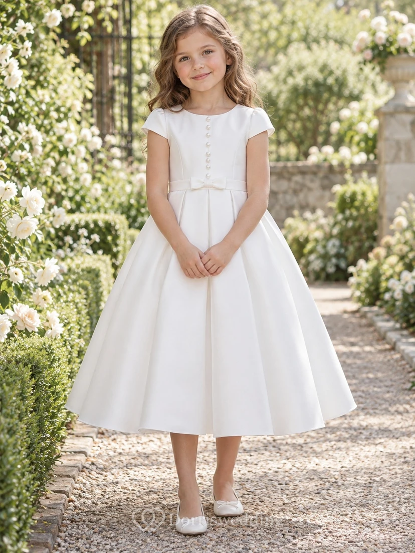 Simple Tea-length White Satin Jewel Cap-sleeve Buttoned Bow-waist Pleated A-line Flower Girl Dress
