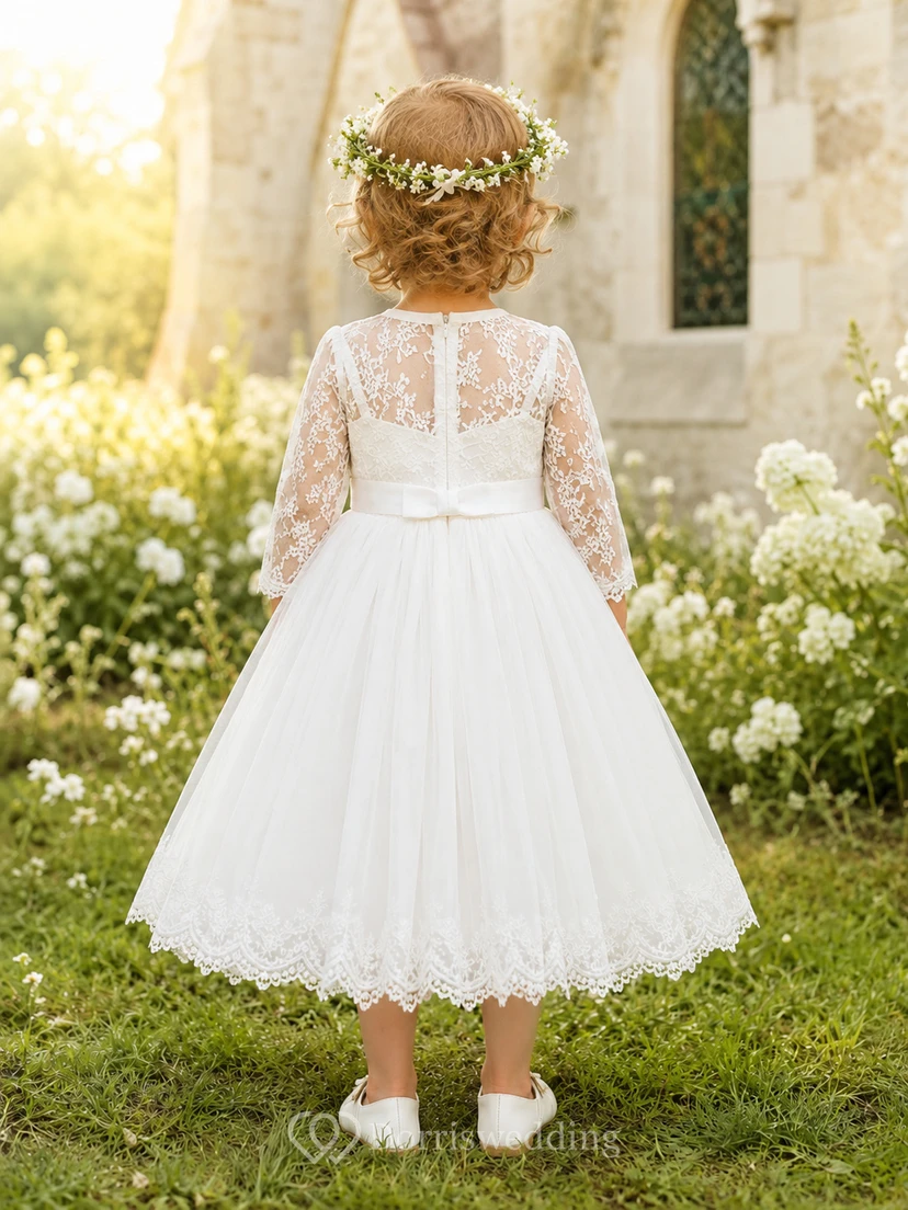 Modest Baby Baptism Christening Ceremony Dress A-Line Tea-Length Jewel Neck Long Sleeve Tulle Lace Button Back view 2